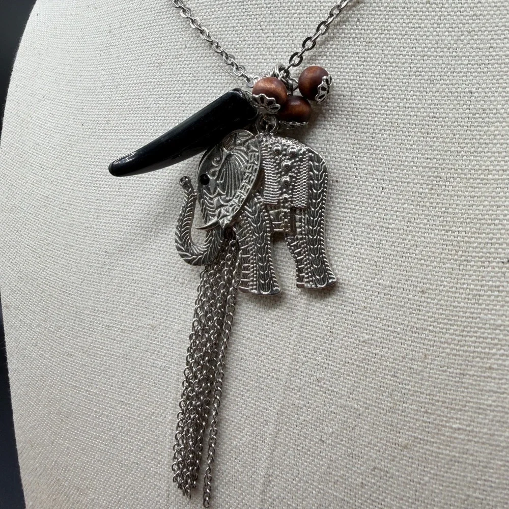 Elephant Statement Necklace Silver Tone Black Tusk Wood Beads Boho Tassel Gift